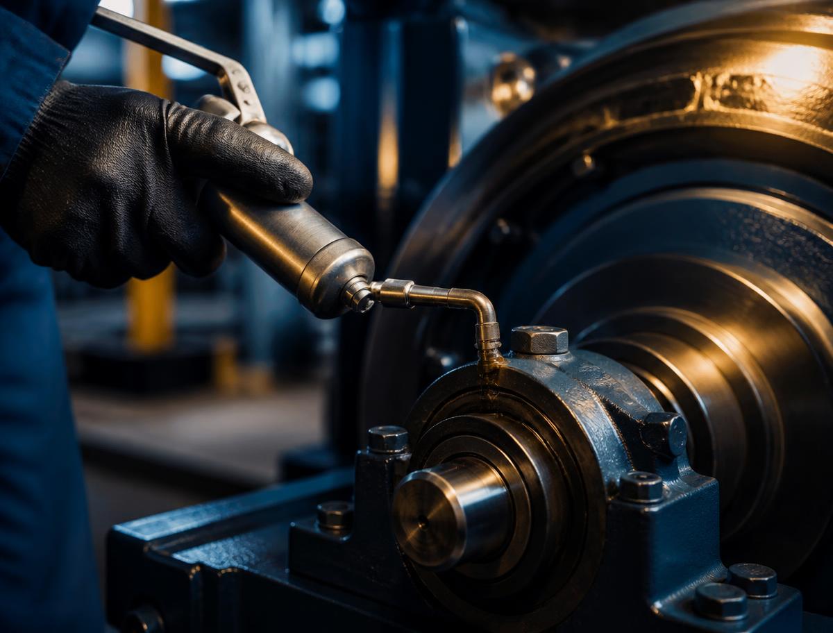 Precision lubrication being applied to a bearing housing on rotating machinery