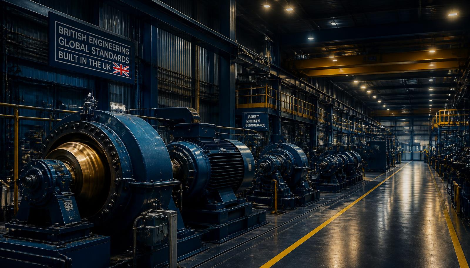 Rows of rotating machinery on a UK manufacturing plant floor
